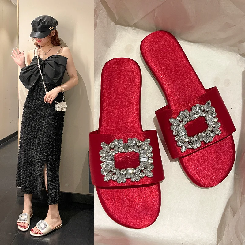 2024 New Summer Style Fashionable Comfortable Casual Square Buckle Flat Bottom Square Head Rhinestone Buckle Thick Heel Sandals