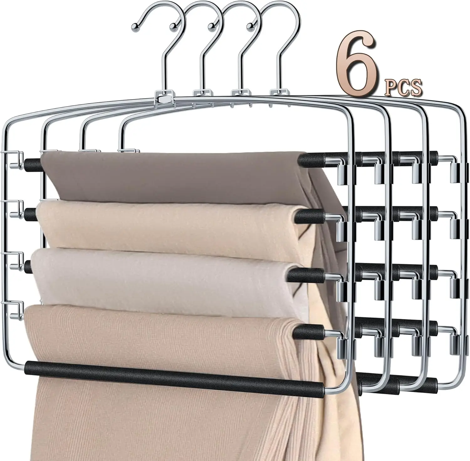 

Space-Saving Pants Hangers, 6-Pack with Anti-Slip Swing Arms for Trousers and Jeans