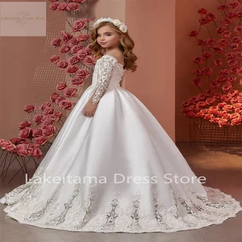 Białe koronkowe sukienki dla dziewczynek satynowe z odkrytymi ramionami bufiasta długość podłogi eleganckie dziecięce wesele sukienka urodzinowa wieczorowa suknia balowa