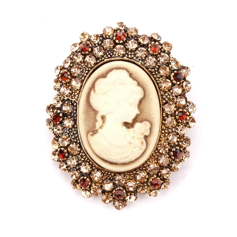 Vintage Queen\'s Cameo Beauty Head Crystal Brooch Pins for Women in Antique Gold Silver Color Assorted Style Rhinestone Brooch