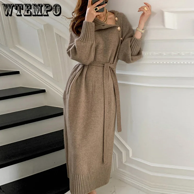 WTEMPO Women\'s Vintage Long Sleeve Knitwear Loose Buttoned Turtleneck Sweater Dress Autumn Winter Sexy Mid Long Knitted Dresses