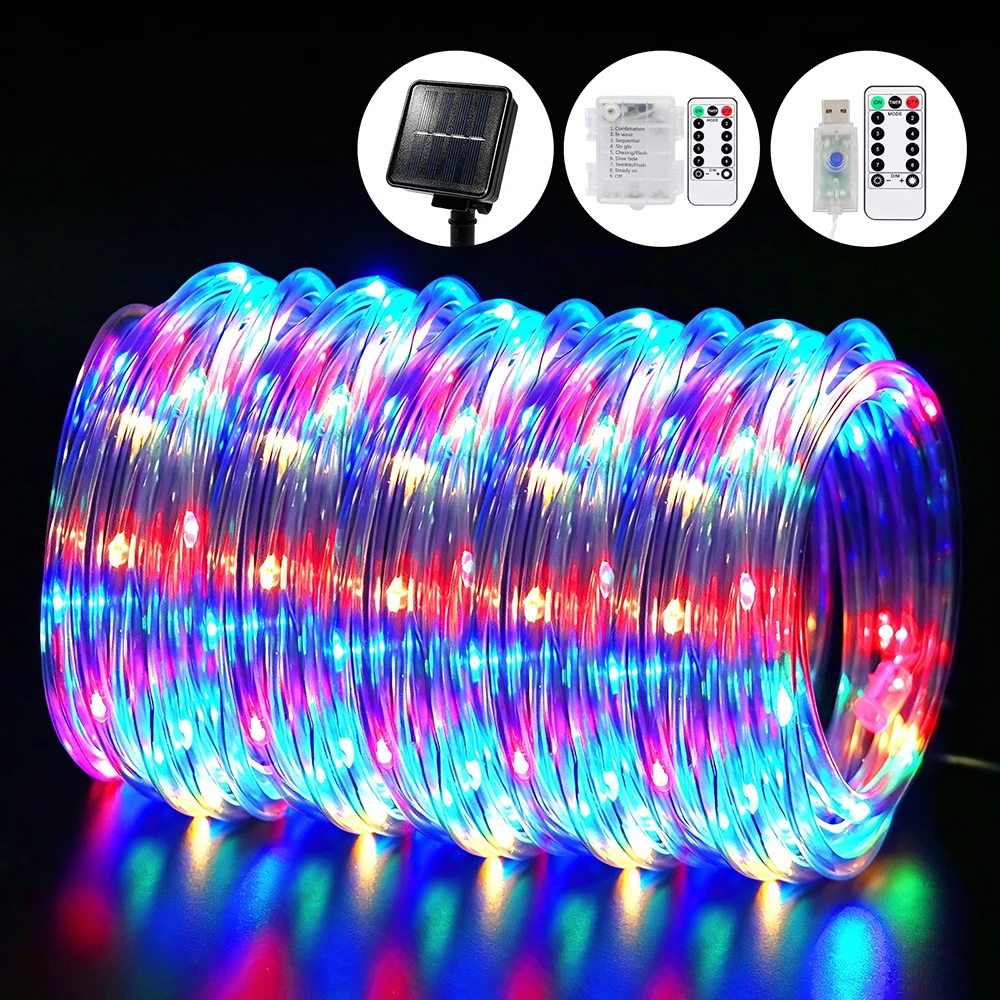 360 Round 7M 12M 22M 32M LED Tube String Light Solar/USB/Battery Powered 5V DC Waterproof Rope Lamp Garden Outdoor Decoration