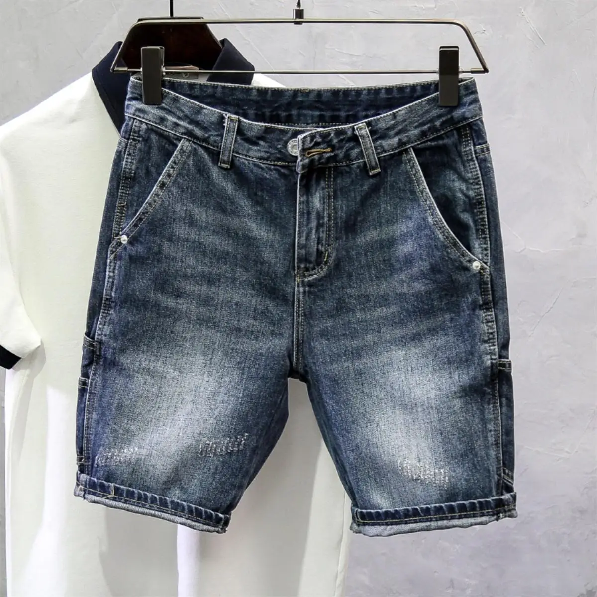 2025 ใหม่Denim Men's Slim-Fittingแฟชั่นรอยขีดข่วนกางเกงแบรนด์อินเทรนด์Heavyล้างห้าจุดกางเกงกางเกงยีนส์กางเกงขาสั้นสําหรับman