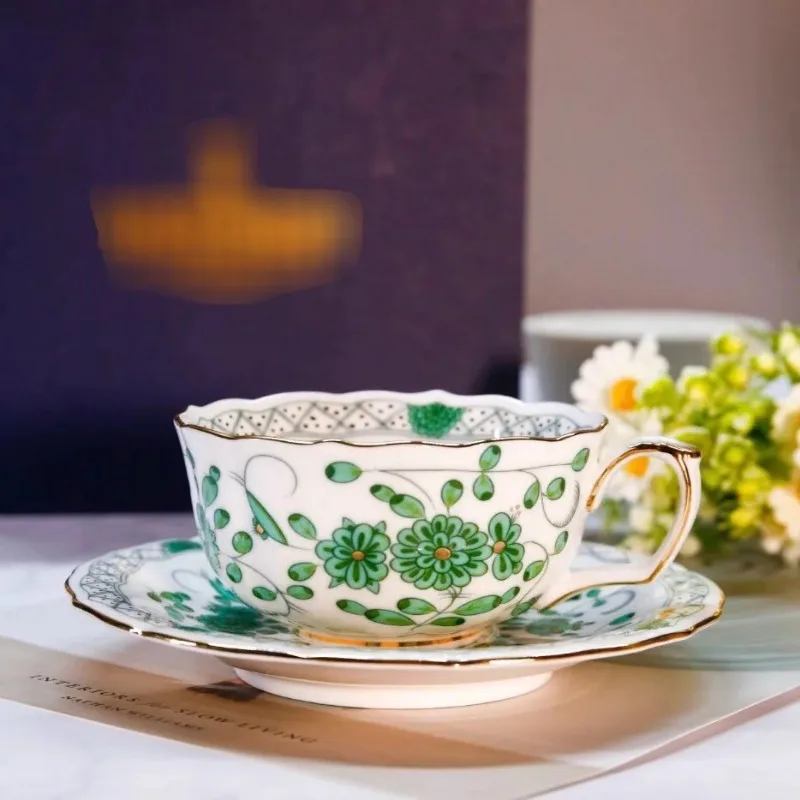 

European High-end Ceramic Coffee Cups and Saucers Green Indian Flower Gold Plated Coffee Cup Afternoon Tea Cup Gift Box Set