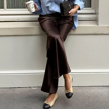Brown Satin Wide-Leg Formal Pants 4 Linad Elegant Brown Satin Wide Leg Pants Women Autumn Fashion Beige High Waist Trousers Street Chic Silk Long Pants Female 2025 4