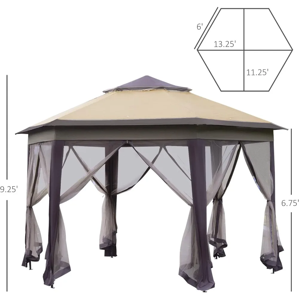 Gazebo 13' X 13' Pop Up Canopy, Hexagonal Canopy Shelter With 6 Zippered Mesh, Event Tent With Strong Steel Frame For Canopy