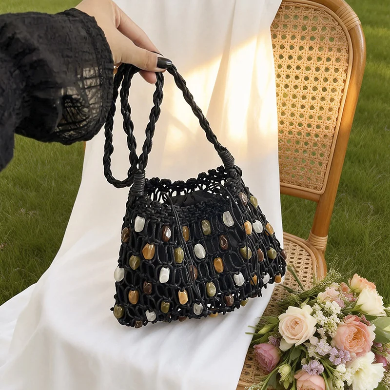 2026 Bohemian Hollow Woven Bead Shoulder Bag Large Capacity Tote Crossbody Bag New Beaded Woven Bucket Bag Gifts for Women