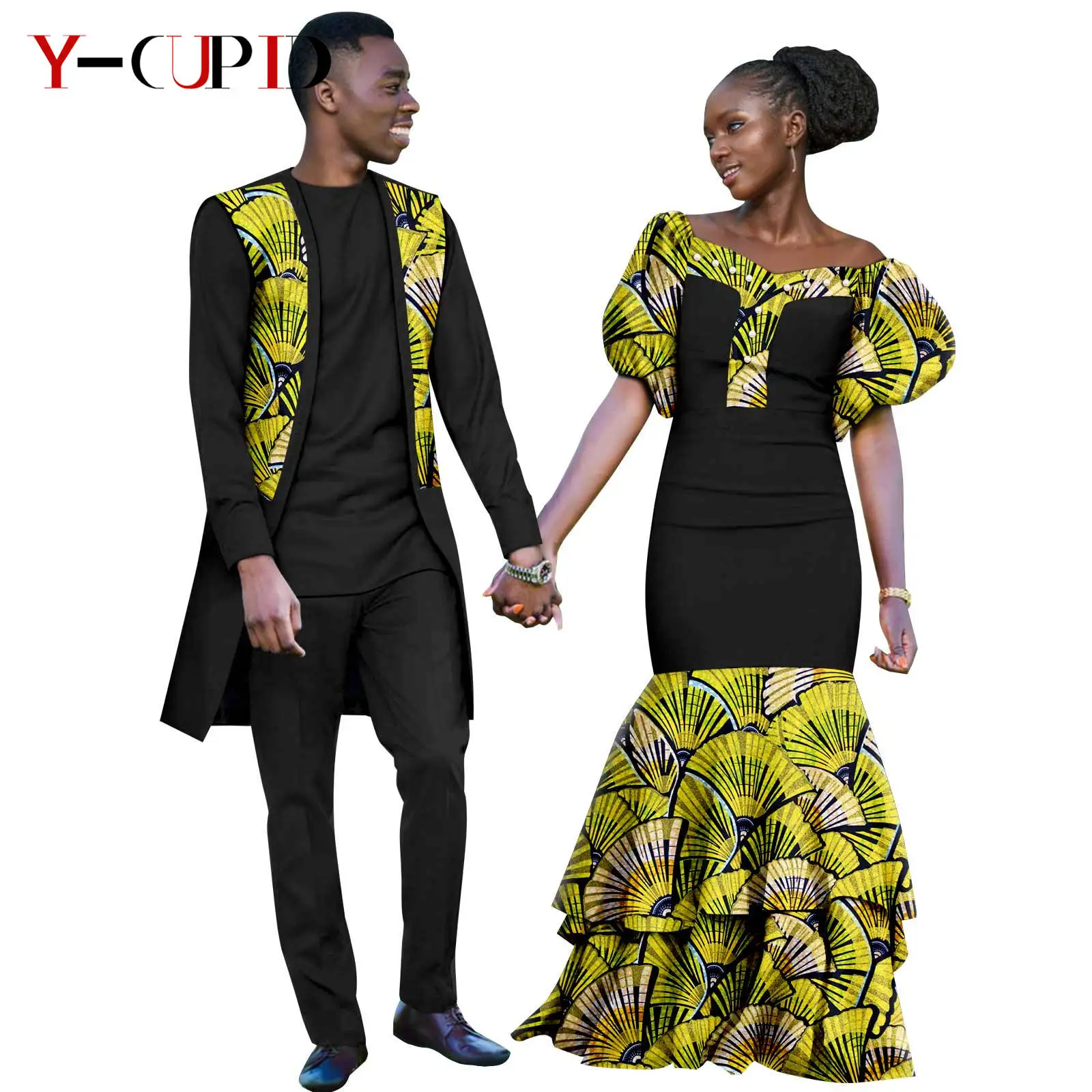 African Print Ruffles Dresses for Women Matching Couple Clothes Men Outfits Vest Top and Pant 3 Pieces Sets Dashiki Party 24C089