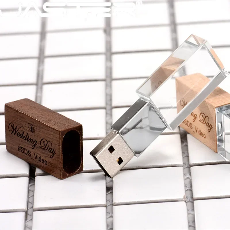 JASTER Wood Crystal USB Flash Drive Creative Gifts Pen Drive  Free Custom Logo Memory Stick Wedding Gift Pendrive 32GB 64GB 16GB
