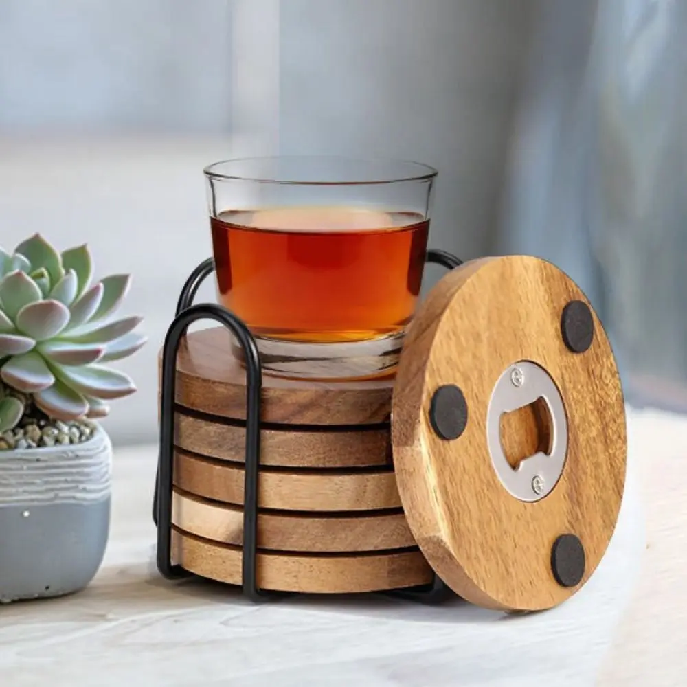 6PCS 2 in 1 Wood Coaster with Bottle Opener Round with Storage Rack Insulated Cup Pad Non-Slip Party Cup Mat Set Dining Table