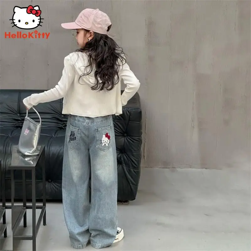 Kawaii Hellokitty Jeans Girls Spring Autumn Thin Denim Pants Street Style Hip Hop Straight Trousers Wide Leg Pants Fashion Gift