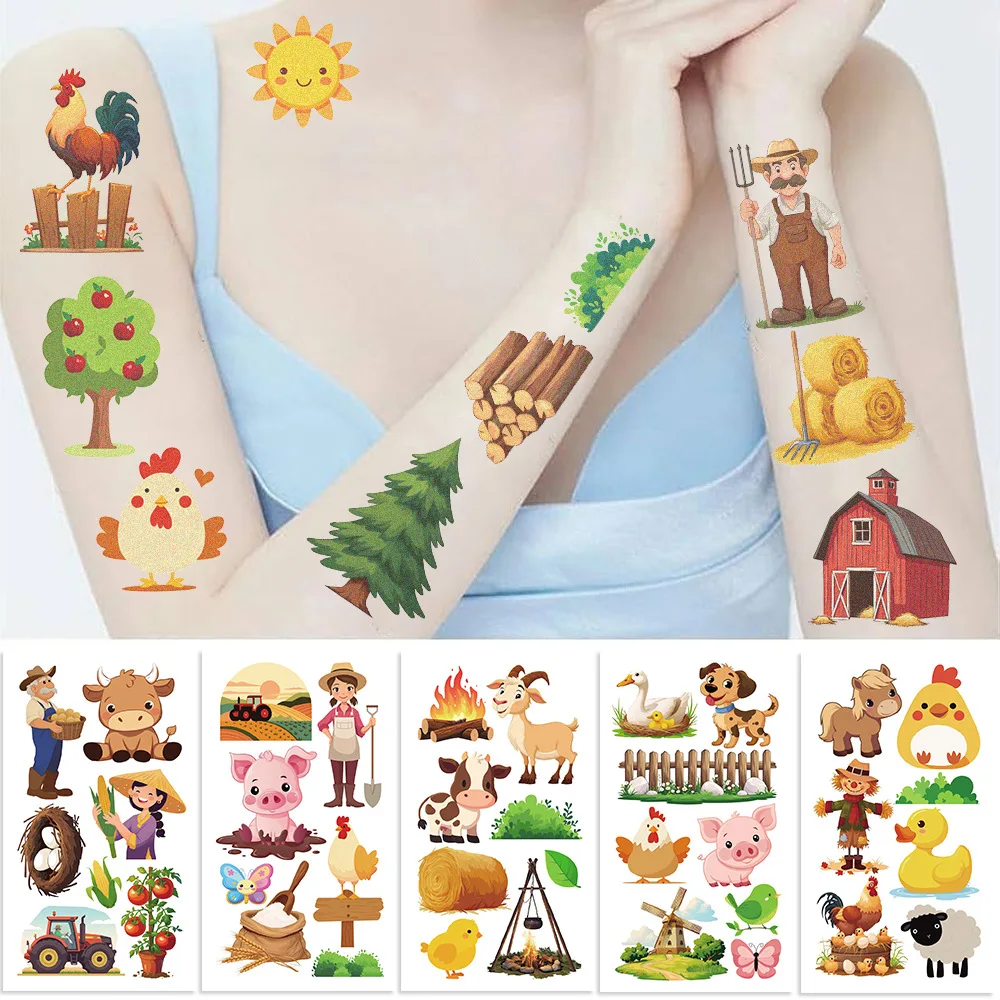 10Pcs New Farm Animal Duck Temporary Tattoos Sticker Barnyard Cow Horse Tractor Pig Sheep Kids Birthday Gift Decorations