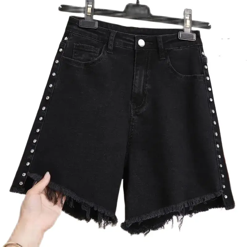 

Black Tassel Denim Shorts Women's 2022 New Summer Loose Wide-leg pants Fashion High waist Casual Nail drill A-line Hot Pants