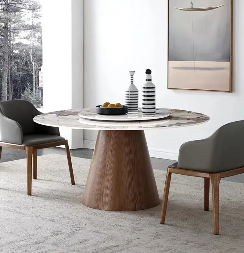 

Nordic wabi-sabi wind bright light pandora rock plate round dining table with turntable modern minimalist small apartment solid