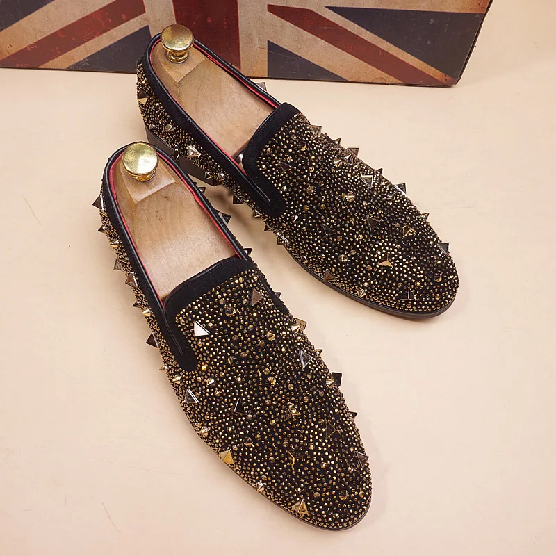 Rivet Cover Heel Men Casual Shoes Round Head Crystal Male Loafers Fall Soft Sole Flats Fashion Slip on Dress Shoes
