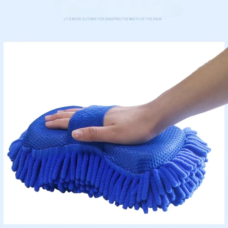 1 個ブルーマイクロファイバーシェニール洗車スポンジケア洗濯ブラシパッドクリーニングツール自動洗濯タオル手袋スタイリングアクセサリー
