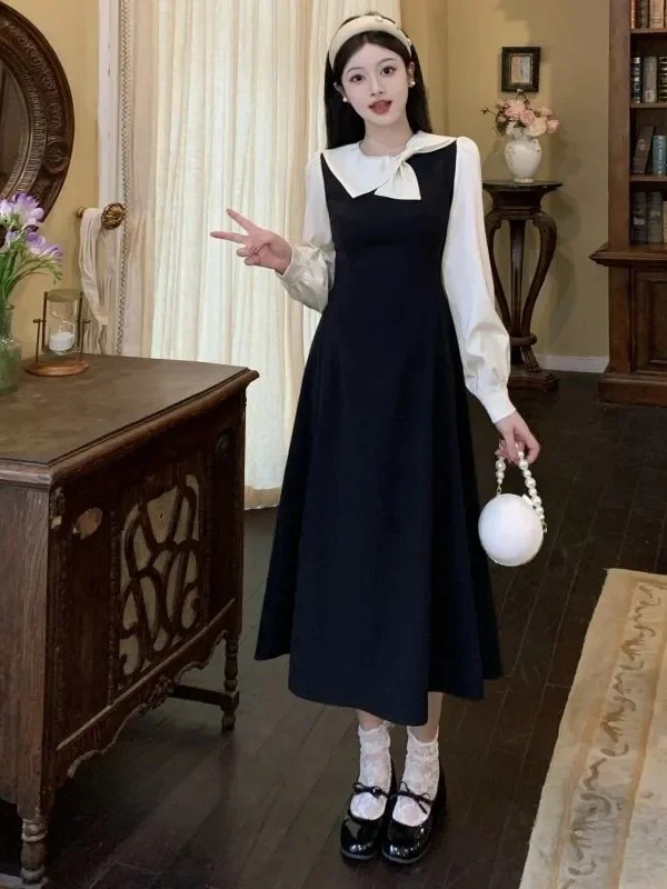 Large Size Hepburn Style Fake Two-Piece Dress Elegant Ladylike Autumn New Arrival Midi Skirt Long Sleeve Knot Frenc... 4