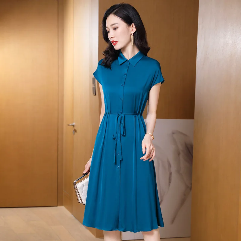 Heavy Natural Mulberry Silk Dress Feminine Short Sleeve A Lapel Shirt Collar Party Dress Sexy Dress Women