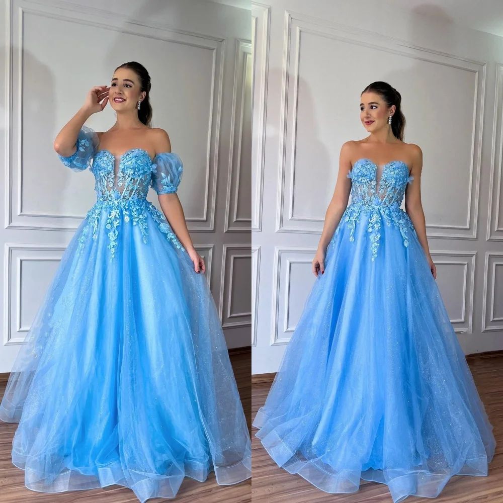 Ball Retro gaun bahu terbuka gaun Quinceanera jaring bunga/Tulle gaun acara Formal jubah Soiree gaun pesta