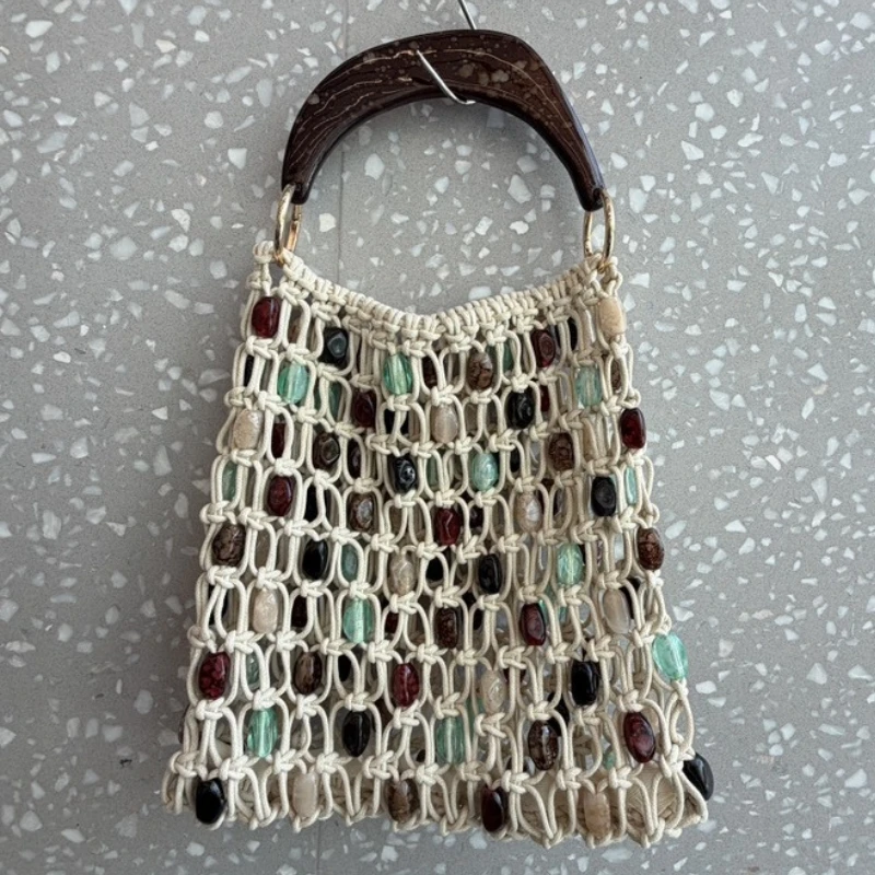 Handmade Cotton Rope Mesh Hollowed-out Handbag Contrasting Color Acrylic Beaded Decoration Beach Vacation Tote Bag 2026 Summer