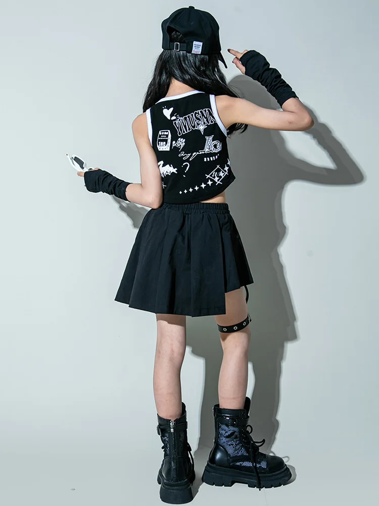 Girls Hip Hop Dance Costume Children Letter Print Black Vest Top Binding Skirt Kids Jazz Street Performance Clothes