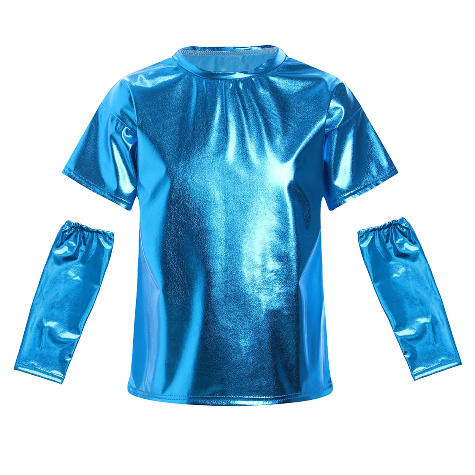 Bambini Ragazze Ragazzi Jazz Dance Streetwear Party Stage Performance Top T-shirt girocollo a maniche corte metallizzata lucida con guanti