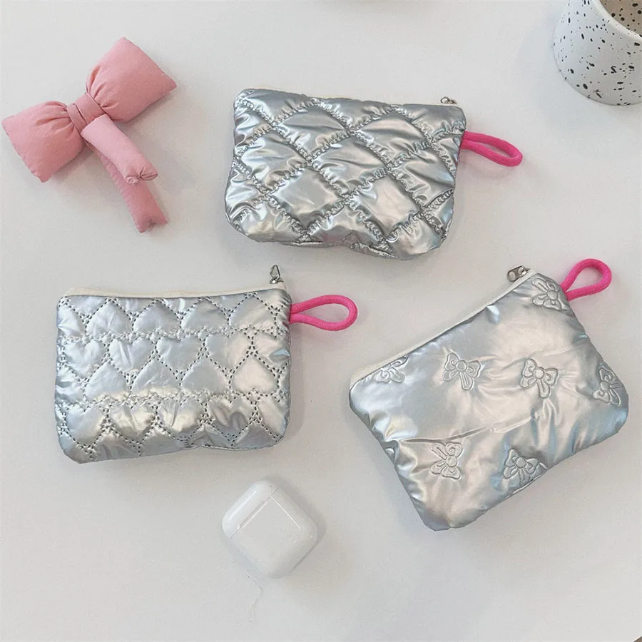 Silver Bow Pattern Coin Purse Women's Earphone Coins Keys Wallet Organizer Zipper Pouch Cosmetic Bag