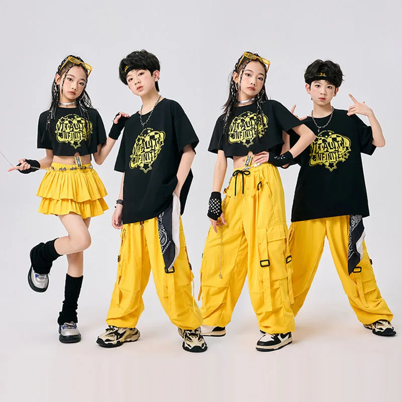 

Kid Kpop Hip Hop Clothing Black Crop T Shirt Top Yellow Parachute Cargo Pants Layered Pleated Skirt for Girl Boy Dance Costumes