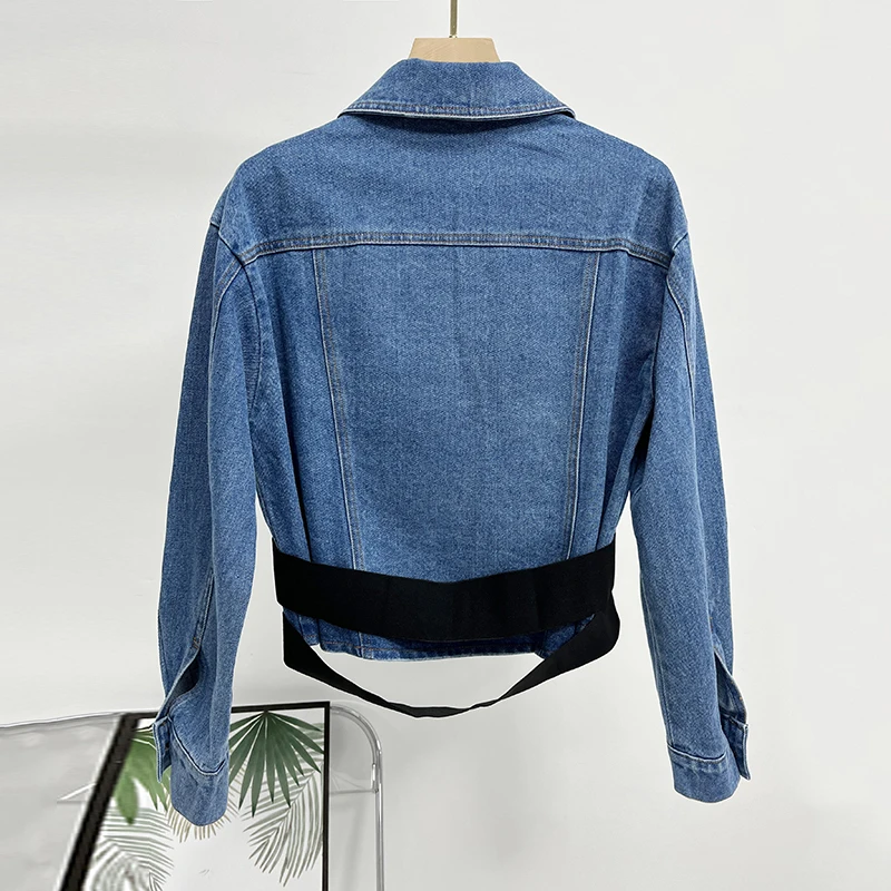 GALCAUR Solid Slimming Denim Jackets For Women Lapel Long Sleeve Patchwork Single Breasted Fashion Coat Female Clothing Style