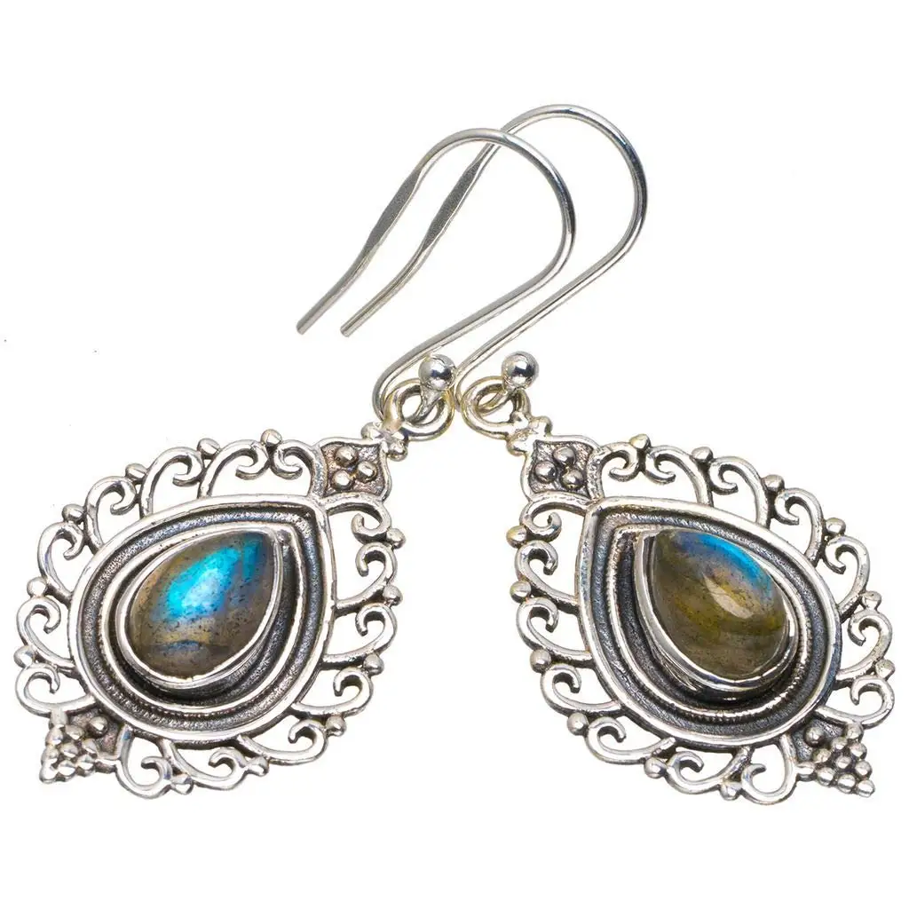 

StarGems® Natural Blue Fire Labradorite Handmade Unique 925 Sterling Silver Earrings 1.75" A2158