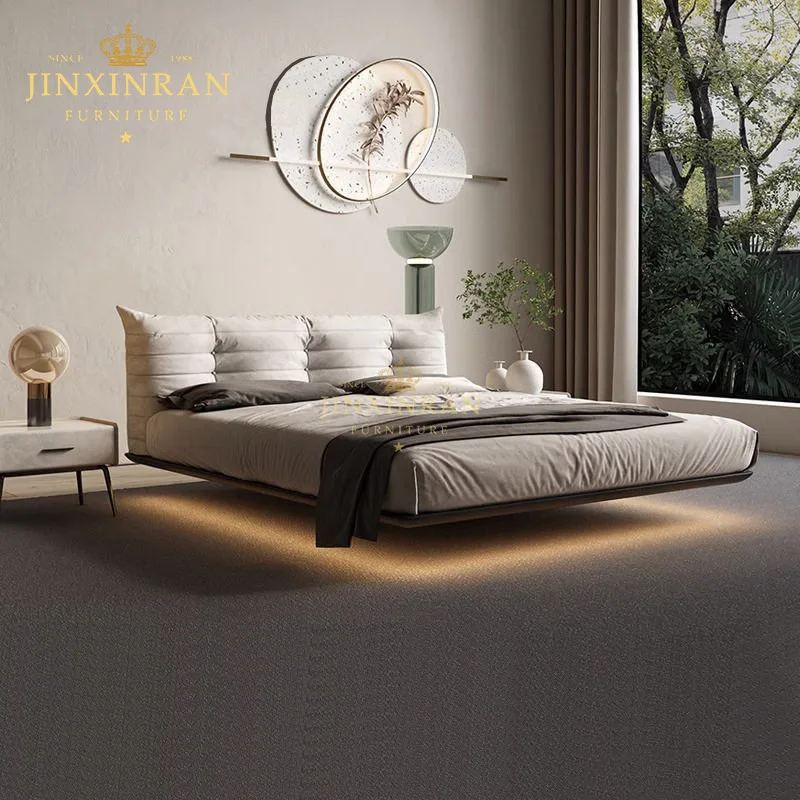 Modern Cream Fabric Upholstered Segmented Pillow Headboard Floating Ash Wood Platform Bed LED Light Luxury Bedroom Furniture