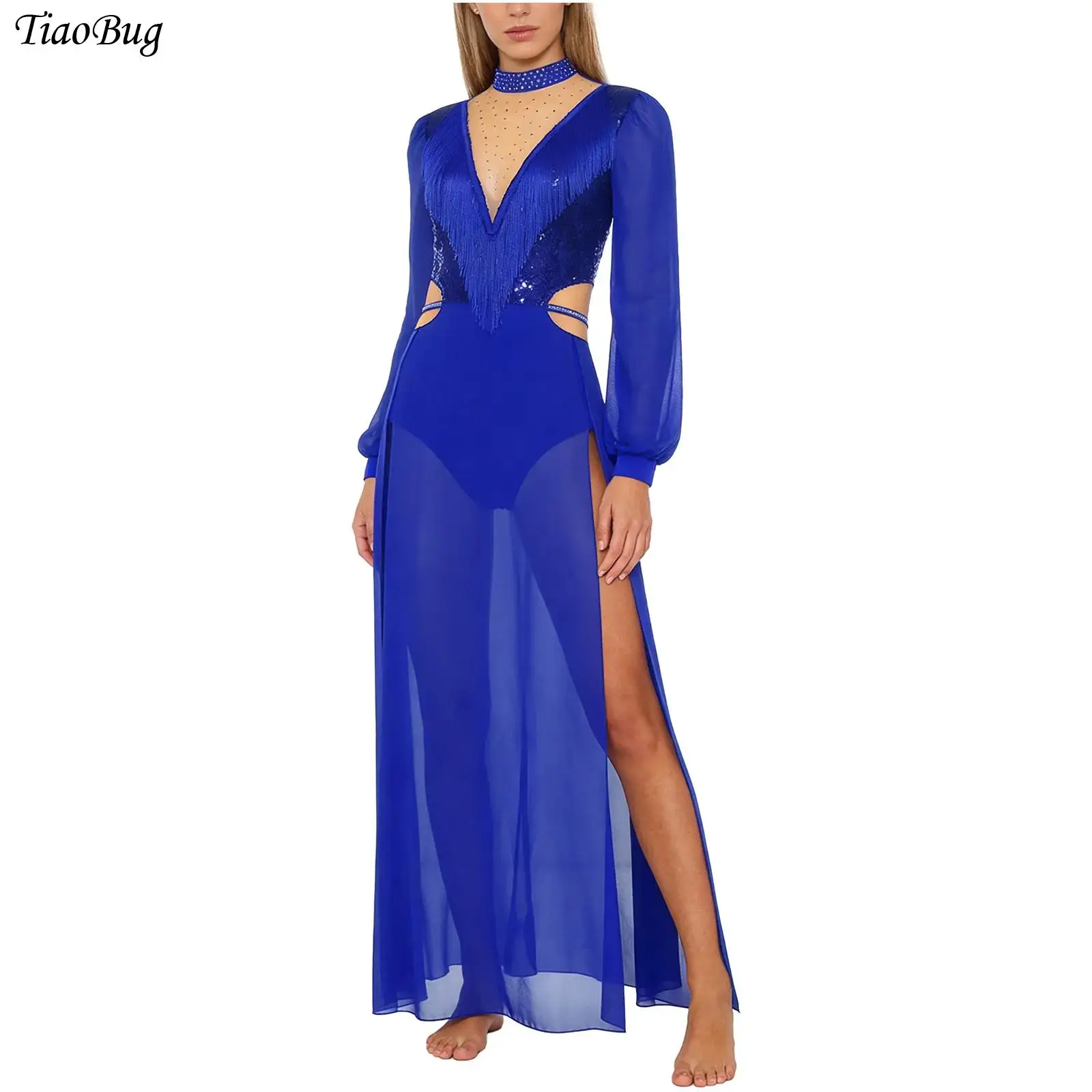 

Womens Shiny Sequin Tassel Belly Dance Fringed Dress Long Sleeve Bodysuit Slit Chiffon Maxi Dress Ballroom Latin Rumba Dancewear