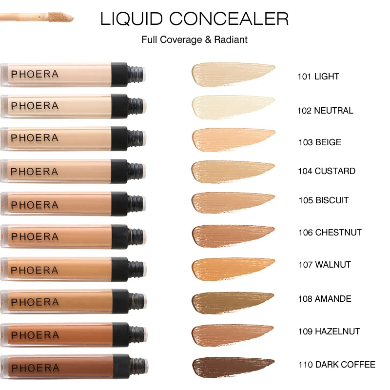 Phoera 10 Kleuren Vloeibare Concealer Foundation Crème Glad Gezicht Hydraterende Zijdeachtige Langdurige Littekens Acne Cover Cosmetische Make-Up