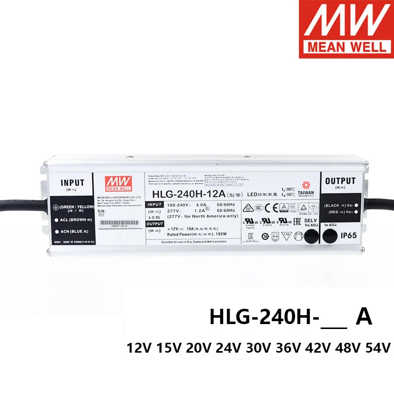 

MEAN WELL LED Power Supply HLG-240H A Type Adjustable LED driver 12V 15V 24V 30V 36V 42V 48V 54V waterproof IP65 Transformer