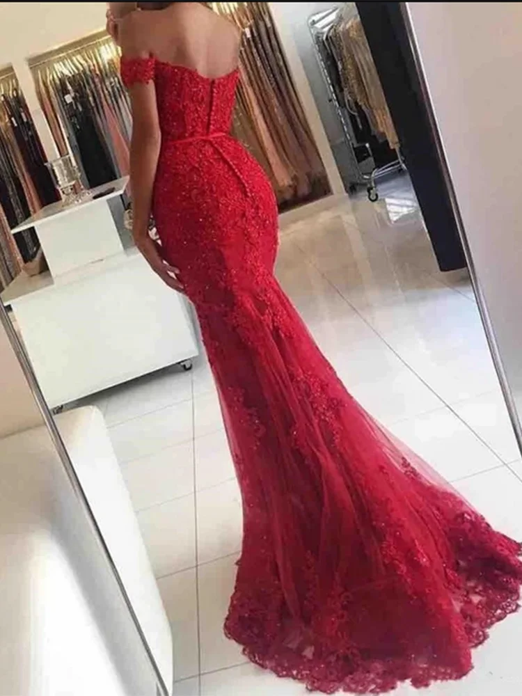 Vestidos de novia de sirena roja para mujer, apliques de encaje, hombros descubiertos, cordones en la espalda, vestidos de invitados de boda, hechos a medida