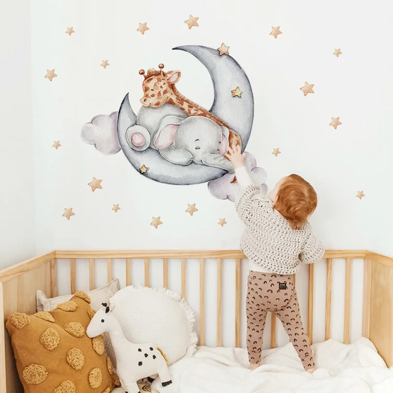 1pcs Cartoon Ins Good Night Elephant Deer Wall Background Stickers for Home Children Room Baby Sleep Wall Decal Self-adhesive