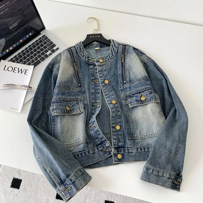 Casaco feminino denim casacos em torno do pescoço y2k streetwear jaquetas curtas trabalho casual solto elegante splice jaqueta 2025 outono inverno