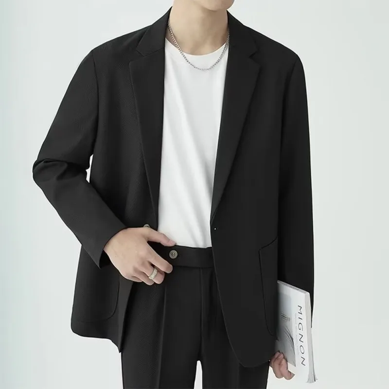 Men Loose Casual Suit 2 Piece Set High Drape Solid Blazer Straight Trouser Elegant Business Office Outfit Daily Wear Formal Suit
