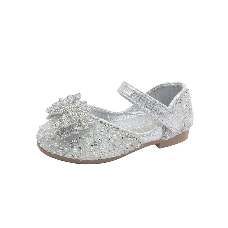 AINYFU Kids Rhinestone Leather Shoes Girls Fashion Glitter Princess Dance Shoes Children\'s Pearl Bow Non-Slip Rhinestone Shoes