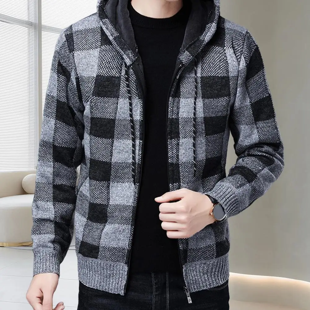 Slim Fit Plaid Jacket Stylish Men's Winter Cardigan With Plaid Print Hooded Drawstring Jacket Zipper Closure Thick For Weather