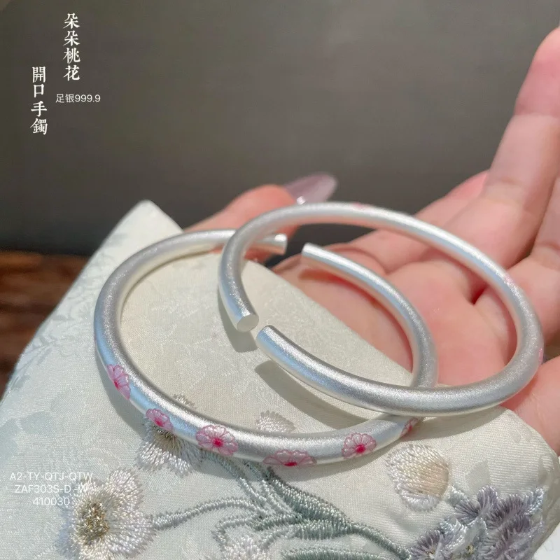 

999.9 Peach Blossom Bracelet Ancient Enamel Open Solid Silver Bangle Plain Circle