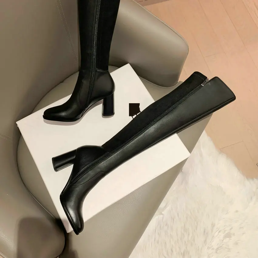 Qutaa 2024 über dem Knie hohe Stiefel für Frauen quadratische High Heel schlanke lange schwarze Stretch hohe Stiefel Damenschuhe Frau Größe 34-39