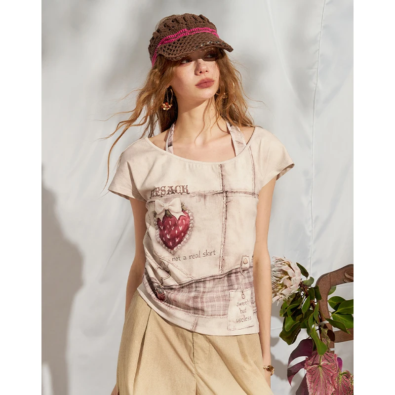 ELFSACK Women's Punk Strawberry Print Halter Neck Fake Two Piece T-Shirt, Vintage Graphic Streetwear Knit Top