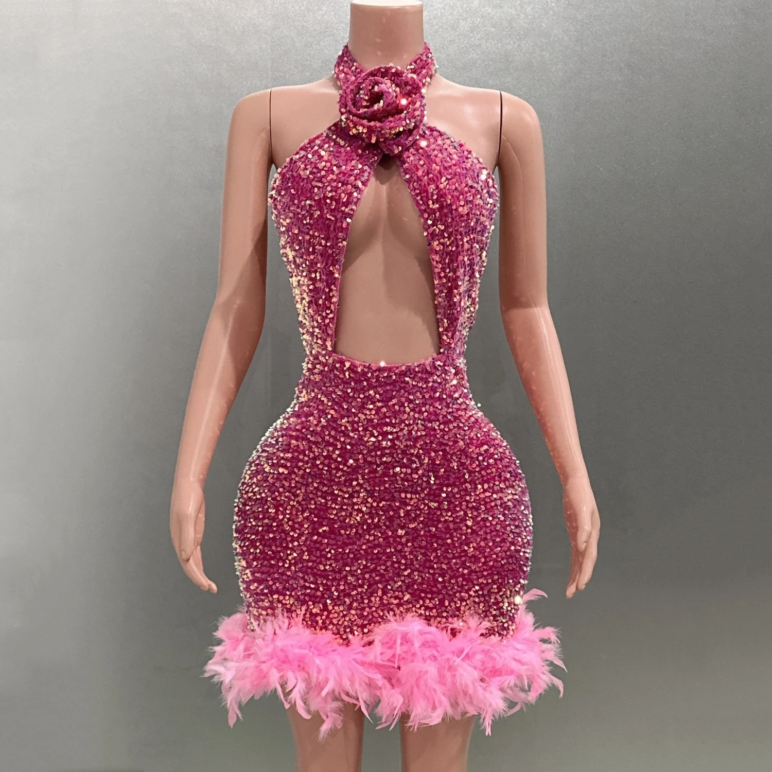 

Shinning Sequins Feathers Pink Sexy Backless Halter Sheath Dress Evening Party Performance Costume Nightclub Singer Dancer Stage