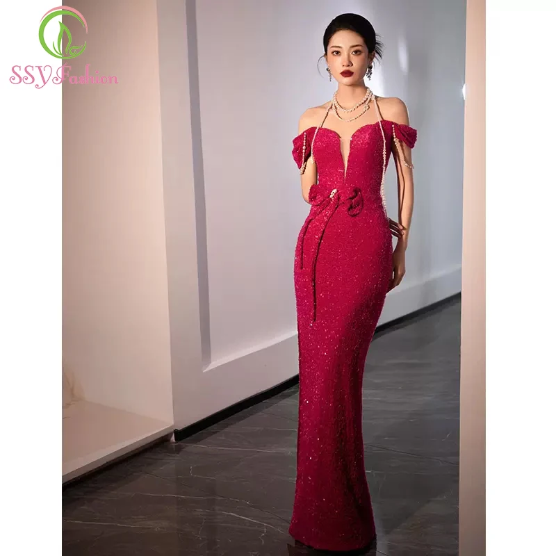 

SSYFashion New Rose Red Sequins Mermaid Evening Dress Sexy Slim Halter Tassel Pearls Fishtail Prom Party Gowns Vestido De Festa