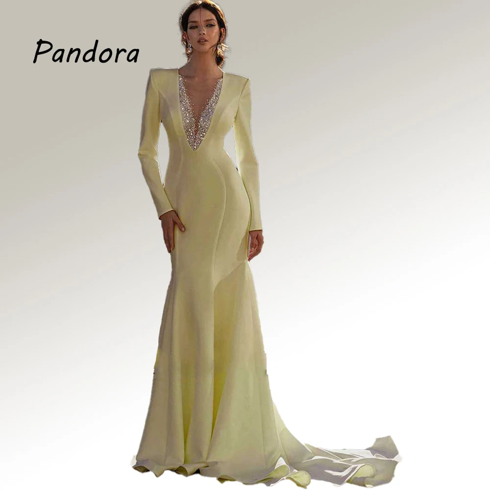 Pandora-vestido de noche blanco con diamantes de imitación, prenda de lujo con cola de pez, manga larga, de gama alta, para boda y graduación, 2024