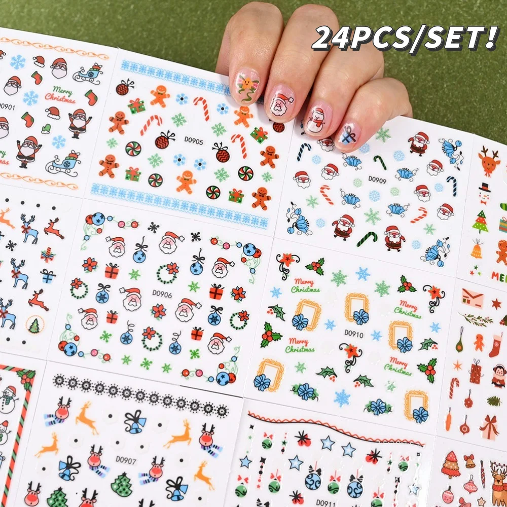 24pcs/6*5cm Winter 2025 New Year Christmas Nail Stickers Blue Elk Snowflake Santa Claus Cartoon Design Manicure Decoration Decal