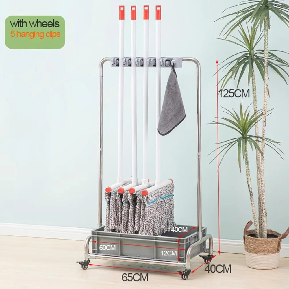 Tempat Pel dan Payung Portabel dari Baja Anti Karat dengan Penyimpanan untuk Peralatan dan Perlengkapan Kebersihan