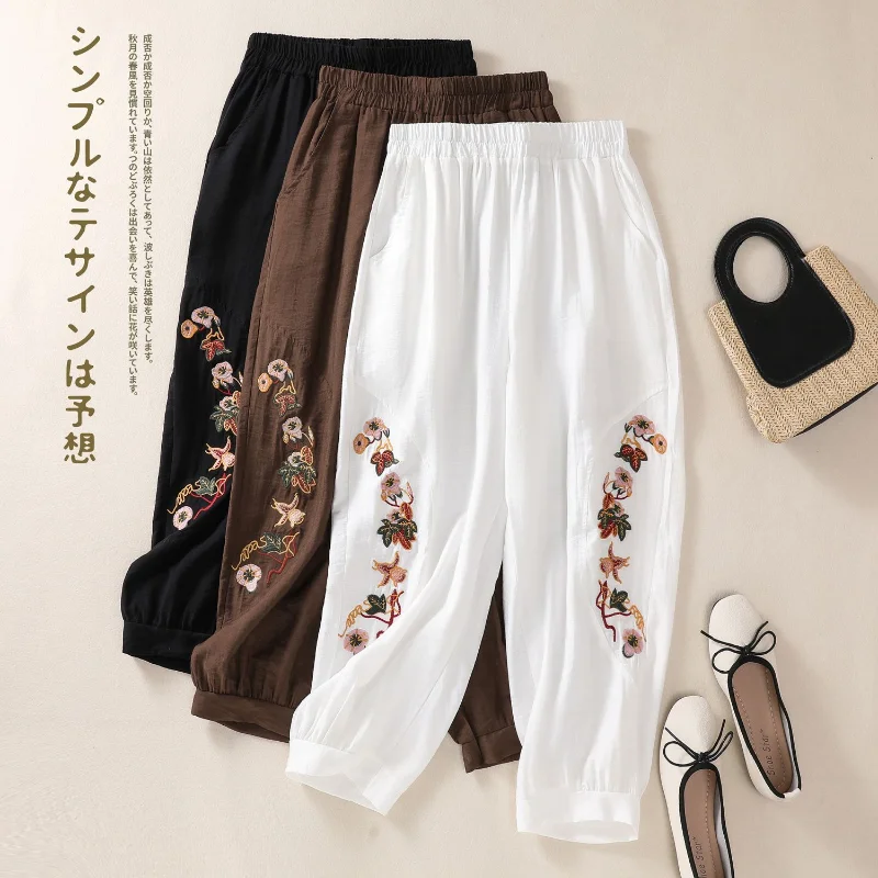 

Large Size Spring/summer Vintage National Style Embroidered Lantern Women Loose Cotton Linen Bunched Feet Linen Nine-point Pants