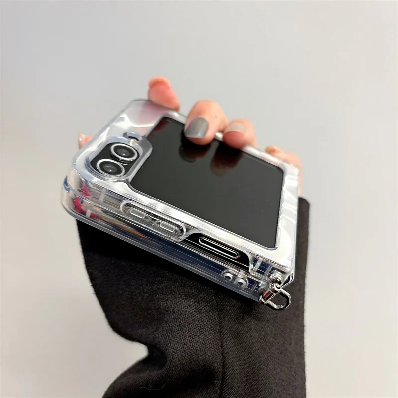 Phone Case For Samsung Galaxy Z Flip 6 5 4 3 Cover with Chain Cute Rhinestone Bear Water Ripple Cases For Z Flip5 Flip4 Flip3 5G